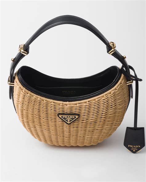 Tan/black Wicker And Leather Prada Arqué Bag 